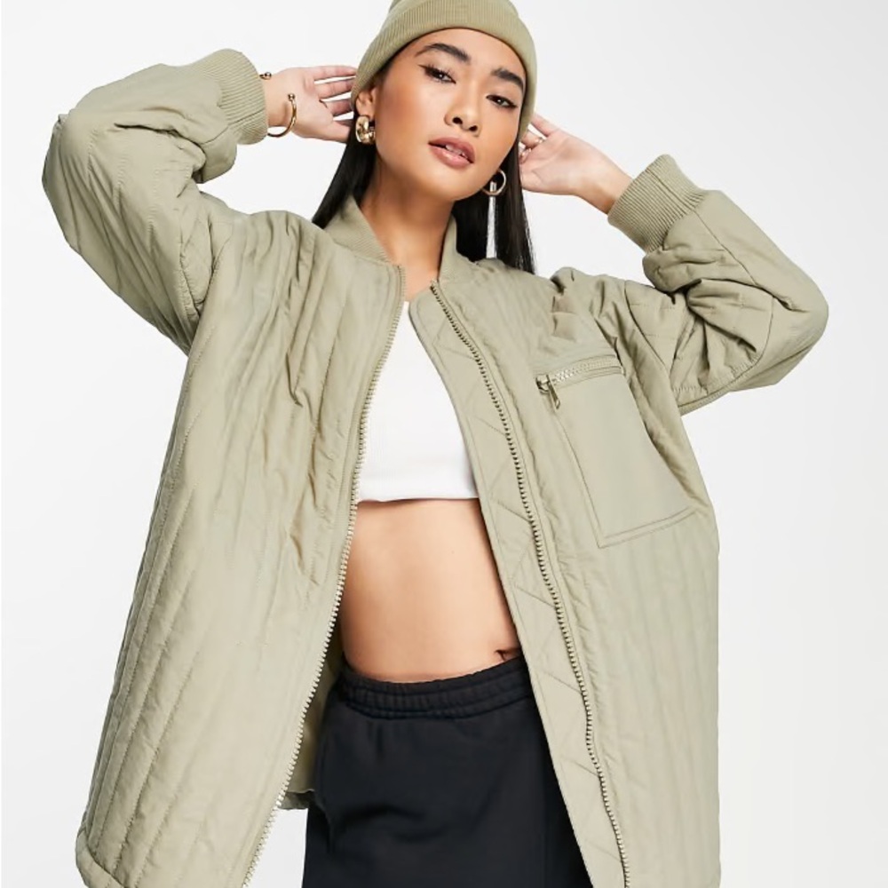 Topshop Quilted Bomber Liner Jacket in Sage